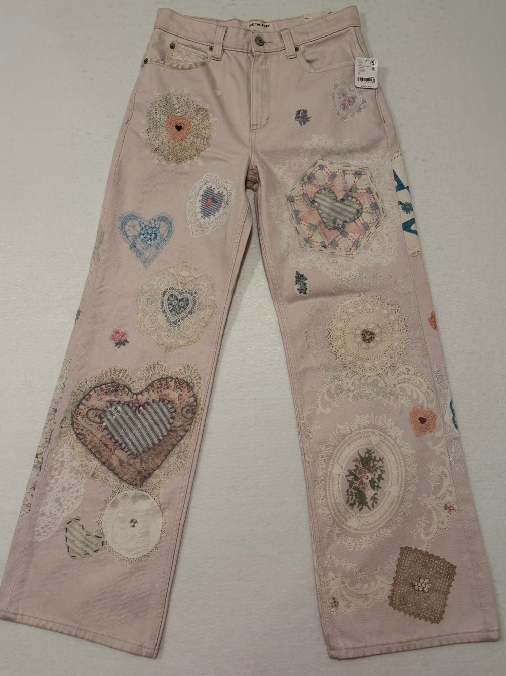 NWT Free People We The Free Tinsley Printed Jeans Heart Doilies Heirloom Ivory 2